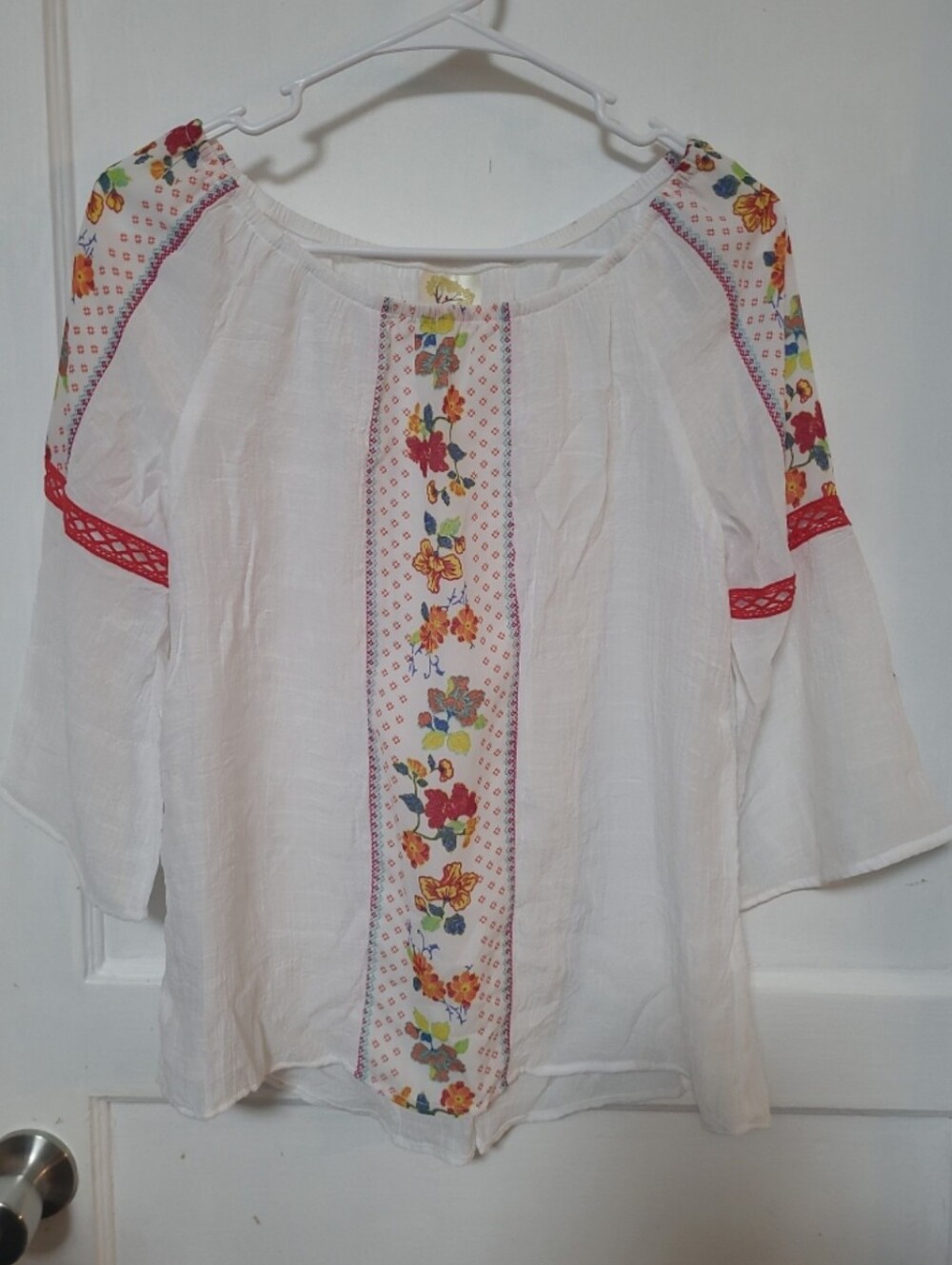 Anthropolgie Fig and Flower White Floral Crochet Peasant Blouse PS